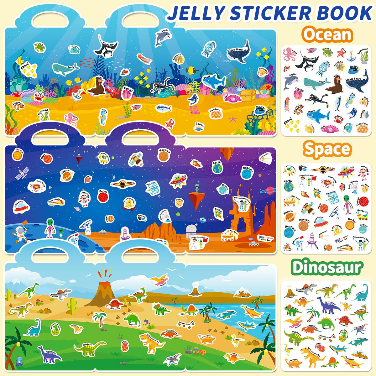 6 Sets Reusable Sticker Book for Toddlers 3-6, Jelly Stickers Book for Kids, Travel Sticker Activity Toys for Childs 3 4 5 6 Years Girls & Boys Best Gifts