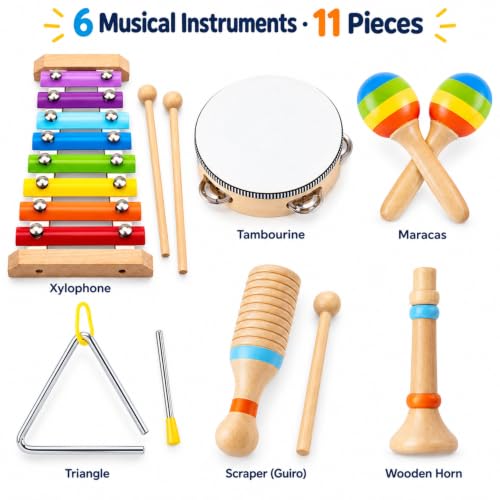 Montessori Wooden Musical Instruments Toys for Kids,Educational Drum Set for Kids with Xylophone & Maracas and More,Preschool Music Toys for Boys and Girls,Christmas Birthday Gift