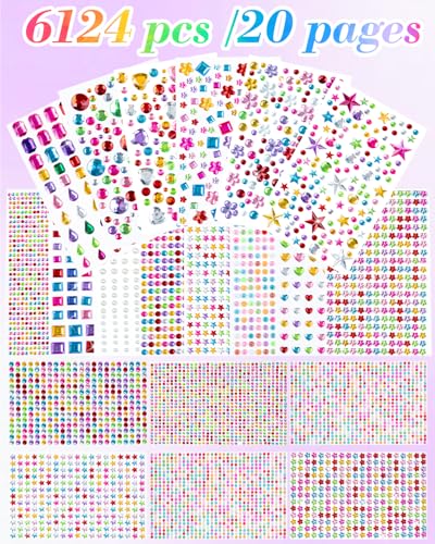 6124Pcs Gem Stickers-Self-Adhesive Face Jewelry Stickers, Acrylic Gems DIY Crafts, Sparkling Heart-Shaped Rhinestone for Kids, for Party & Holiday Supplies