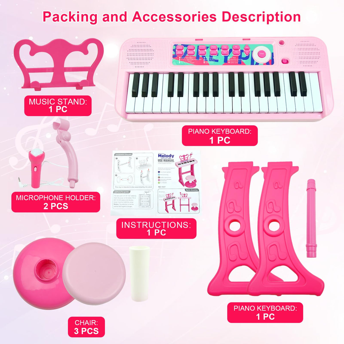 Love&Mini Kids Piano Keyboard Toys for Girls | 37-Key Kids Piano Keyboard with Stool, Stand & Microphone, Pink Piano Toys for Girls Ages 3+