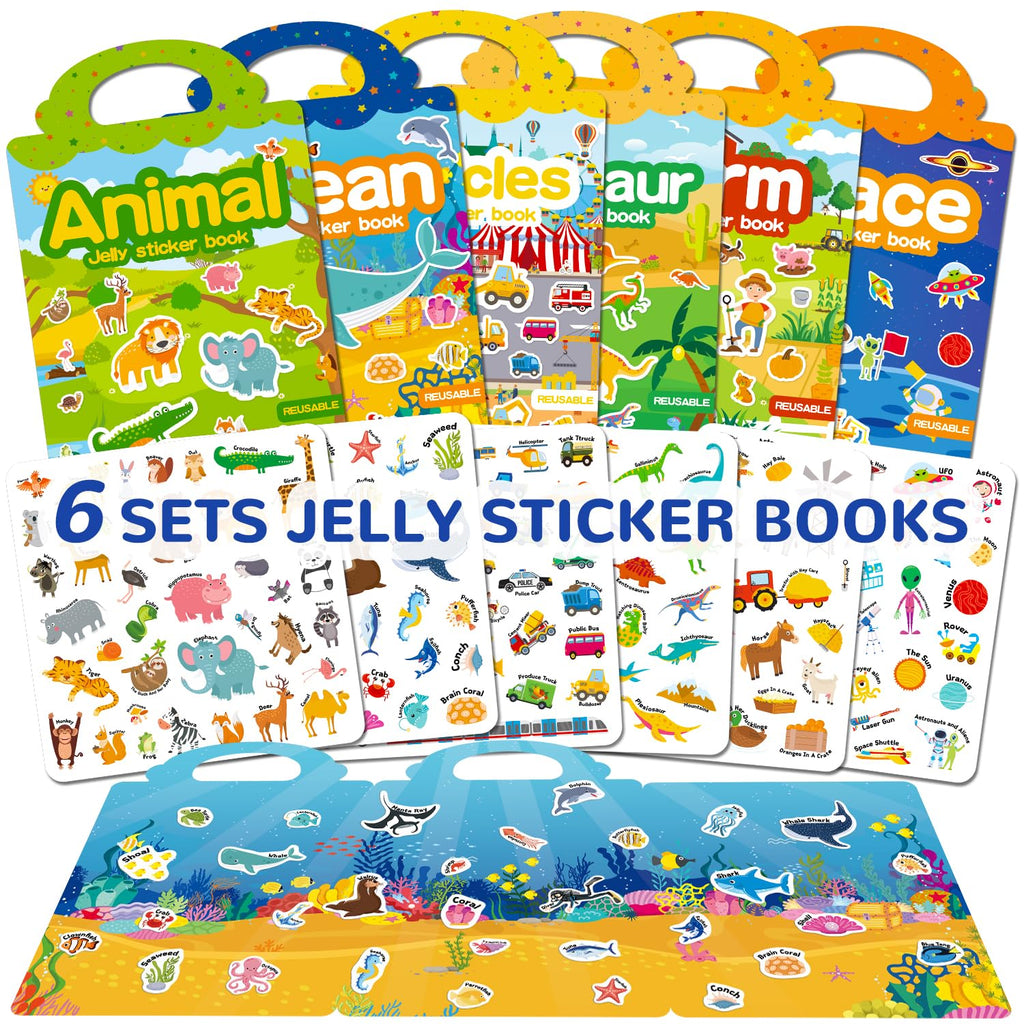 6 Sets Reusable Sticker Book for Toddlers 3-6, Jelly Stickers Book for Kids, Travel Sticker Activity Toys for Childs 3 4 5 6 Years Girls & Boys Best Gifts