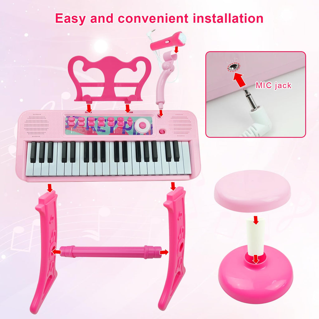 Love&Mini Kids Piano Keyboard Toys for Girls | 37-Key Kids Piano Keyboard with Stool, Stand & Microphone, Pink Piano Toys for Girls Ages 3+
