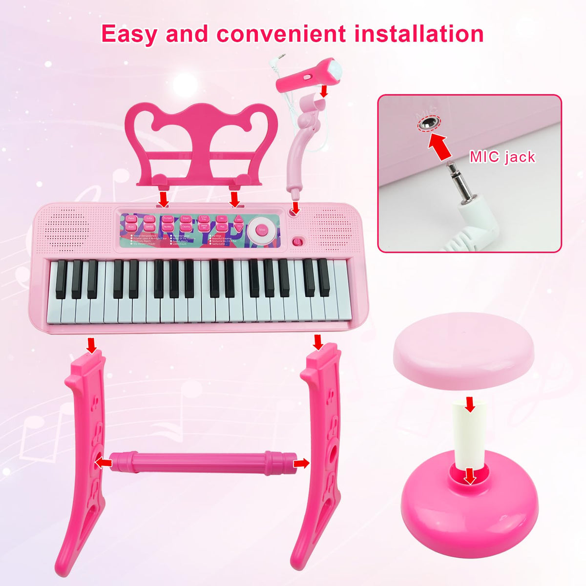 Love&Mini Kids Piano Keyboard Toys for Girls | 37-Key Kids Piano Keyboard with Stool, Stand & Microphone, Pink Piano Toys for Girls Ages 3+
