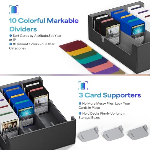 UAONO Trading Card Storage Box Holds 2400+ Cards, Bulk Card Storage | Magnetic Closure PU Leather Card Organizer with 10 Dividers & 3 Stoppers for MTG, PTCG, TCG, Sports Cards (Black)
