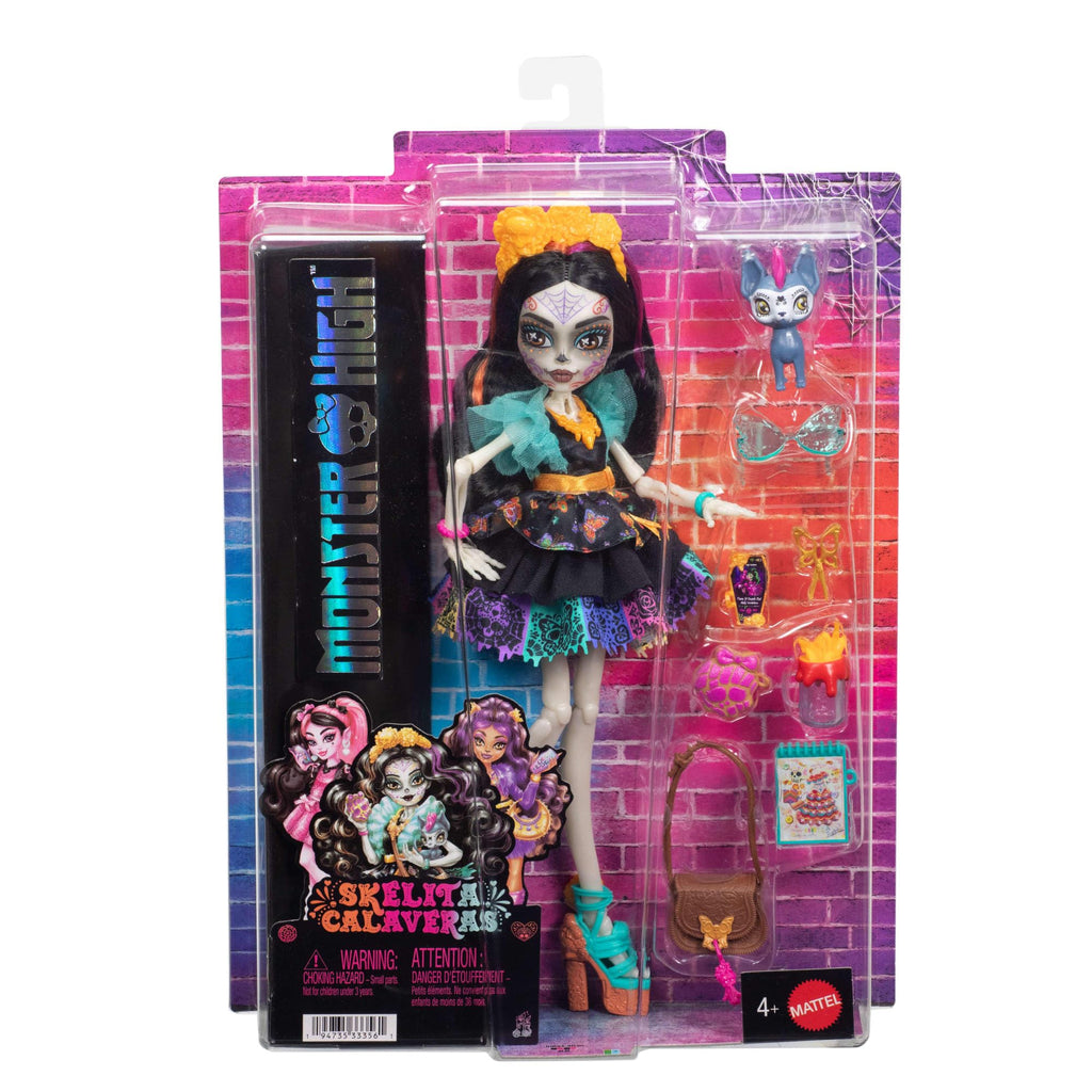 Monster High Skelita Calaveras Doll | Skeleton in Colorful Papel Picado Dress with Pet Dog Candelita & 7 Accessories like Sketch Book, Snack & Messenger Bag
