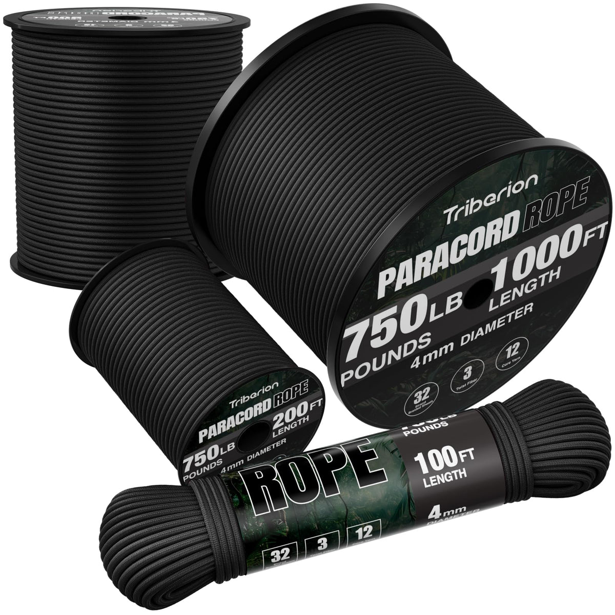 TRIBERION Paracord Rope 750 lb - 1000ft / 500ft / 200ft / 100ft 5/32" Parachute Cord 4MM 12-Strand para Cord - Heavy Duty Spool String for Survival,Camping Gear, Survival Bracelet, Clothesline