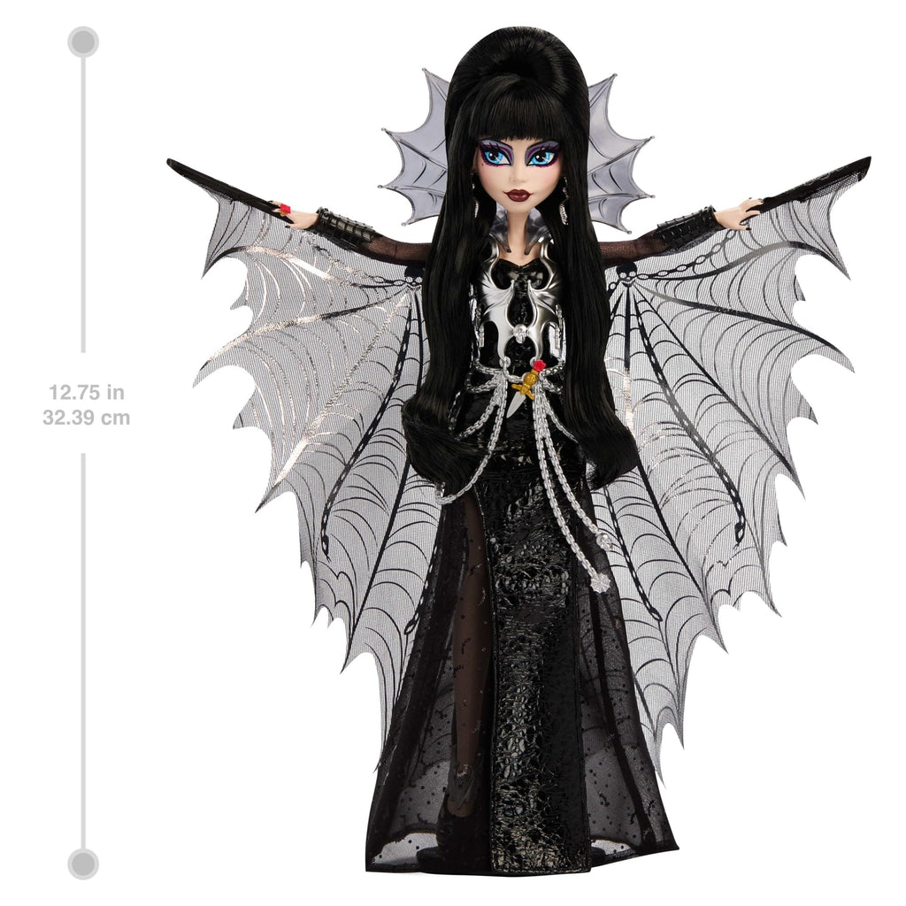 Monster High Skullector Elvira, Mistress of the Dark Doll | Elvira Collectible in Black Faux Leather Dress with Silvery Batwing Cape and Premium Accessories, Doll Stand