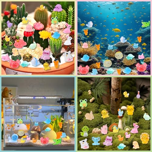 52Pcs Luminous Mini Resin Animals 52 Styles Miniature Glow in the Dark Resin Animal Figures to Hide Tiny Small Little Ducks Turtles Dinosaurs and Frogs for Micro Landscape Dollhouse Fairy Garden Decor