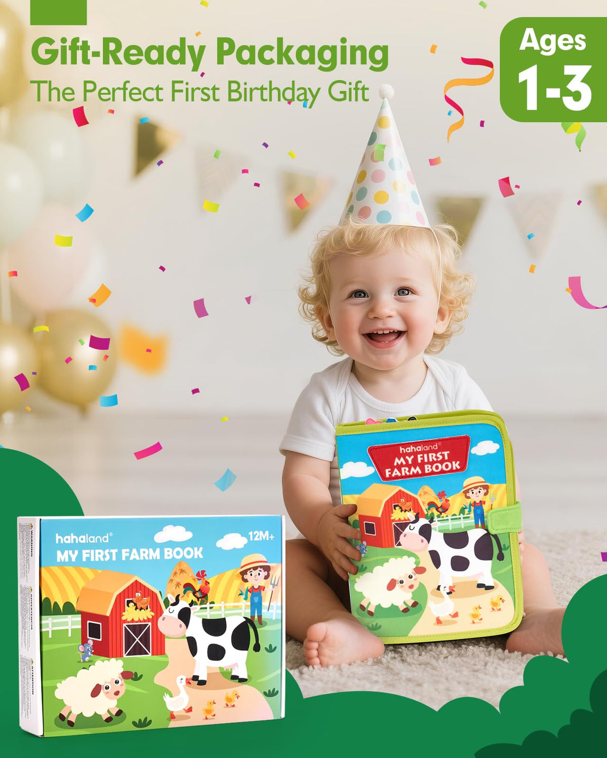 hahaland Busy Book for Toddlers 1-3 - Montessori Toys 1 Year Old Busy Board | 1 Year Old Boy Gifts Educational Quiet Activity Books 10 Pages, Toddler Christmas Stocking Stuffers One Year Old Travel Toys