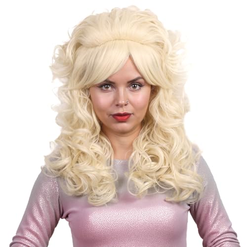FantaLook Blonde Long Curly Wig with Bangs, Vintage Costume Wig for Women | Retro 60s 70s 80s styling wig, ideal for queen cosplay, Halloween party, disco & themed fancy dress events.