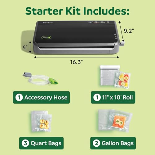 FoodSaver FM2100 Vacuum Sealer Machine, One-Touch Sealing, Roll Storage & Cutter, Dry & Moist Food, For Sous Vide Cooking, Accessory Port & Hose, Starter Bags & Roll Included