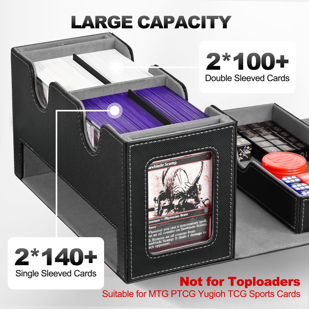 UAONO 3-in-1 MTG Commander Deck Box, Black Gray | 2 Magnetic Card Holders & 1 Dice Tray, Fits 200 Double Sleeved, Card Organizer Compatible with Magic the Gathering