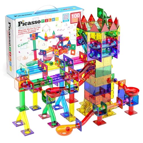 PicassoTiles 100 Piece Marble Run Magnetic Tiles Race Track STEM Ages 3+ | BPA-free ABS plastic, reinforced edges, curved slopes and U-turns, steel balls included, open-ended maze layouts, shared play