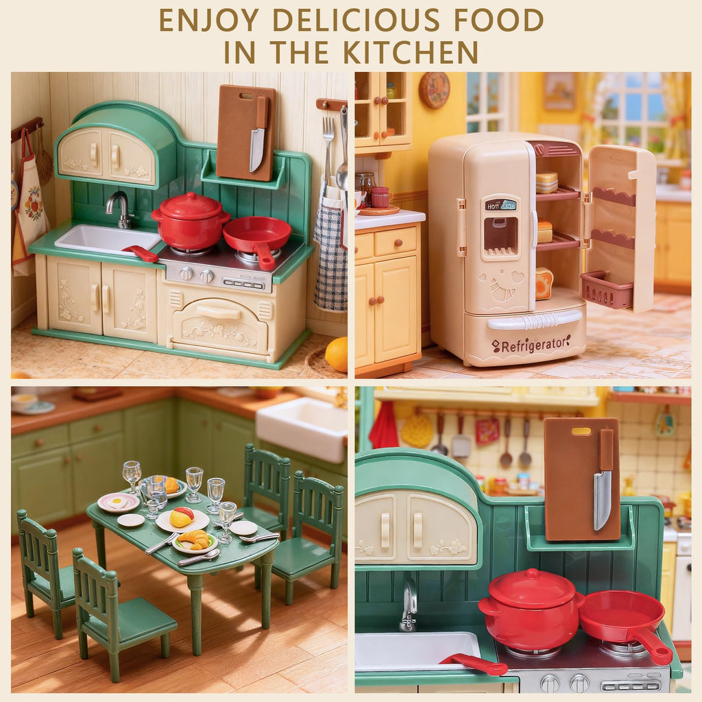Dollhouse Kitchen Furniture Suitcase Set for Kids, 2 Flexible Dolls/Dining Tble/Kitchenware/Tableware/Refrigerator/Bread, Pretend Play Dollhouse Accessories Christmas Birthday Gift for Girls Ages 3+