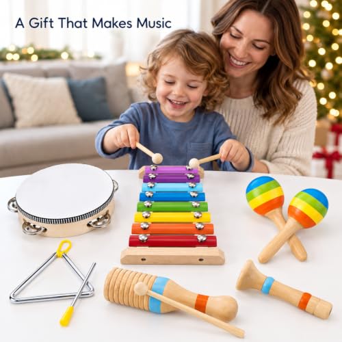 Montessori Wooden Musical Instruments Toys for Kids,Educational Drum Set for Kids with Xylophone & Maracas and More,Preschool Music Toys for Boys and Girls,Christmas Birthday Gift