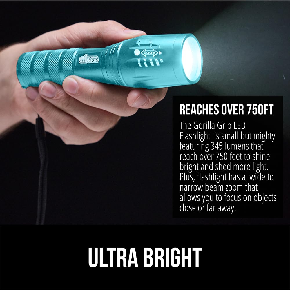 GORILLA GRIP Powerful LED Tactical Flashlight, Turquoise | Water Resistant 750 FT Lumen, 5 Adjustable Modes, Ultra Bright Zoom , Small Mini Flashlights, Camping, Night Dog Walking