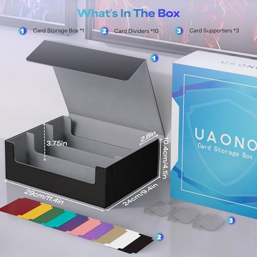 UAONO Trading Card Storage Box Holds 2400+ Cards, Bulk Card Storage | Magnetic Closure PU Leather Card Organizer with 10 Dividers & 3 Stoppers for MTG, PTCG, TCG, Sports Cards (Black)