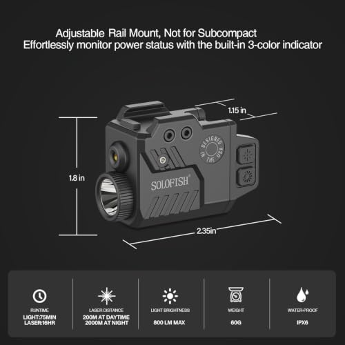 Solofish 800 Lumens Pistol Light Laser Combo | Strobe Function for Green Laser and Tactical Light with Adjustable Rail Fits Guns w/ Rail