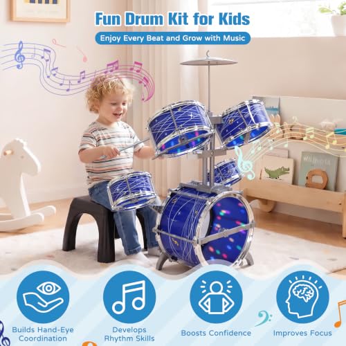 Kids Drum Set for Toddlers 1-3, 5-Piece Light Up Jazz Drum Kit with Stool | Upgraded Jazz Drum Set for Kids, Lights Musical Instrument, Beginner Kit, Birthday Christmas Gift for Boys Girls Ages 3-5 5-7