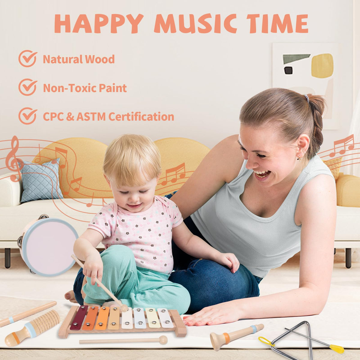YHHYTOY Montessori Toys Wooden Baby Musical Instruments Set for Toddlers | 18 Month Old Toys Toddler Percussion Instruments, Xylophone Maracas Tambourine Birthday Christmas Gifts for Girls Boys Kids