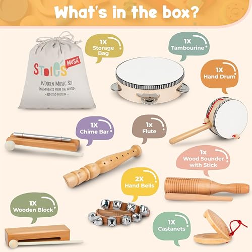 Stoie’s Wooden Musical Instruments for Kids Ages 3+, Montessori Music Toy Set for Kids with Drum, Tambourine, Maracas, Bells & Flute, Educational Preschool Toys for Boys & Girls