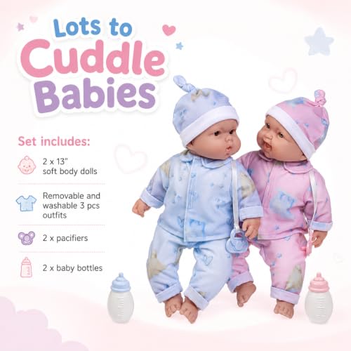 Twins 13" Realistic Soft Body Baby Dolls | JC Toys - Berenguer Boutique | Twins Gift Set with Removable Outfits and Accessories | Pink and Blue | Caucasian | Ages 2+