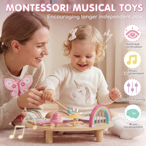 Lehoo Castle Toddler Drum Set Wooden, Unicorn Montessori Toys for Girls | Baby Drum Set Music Toys with Xylophone, 7 in 1 Toddler Musical Instruments, Educational Birthday Gift for 12-18 Months Girl