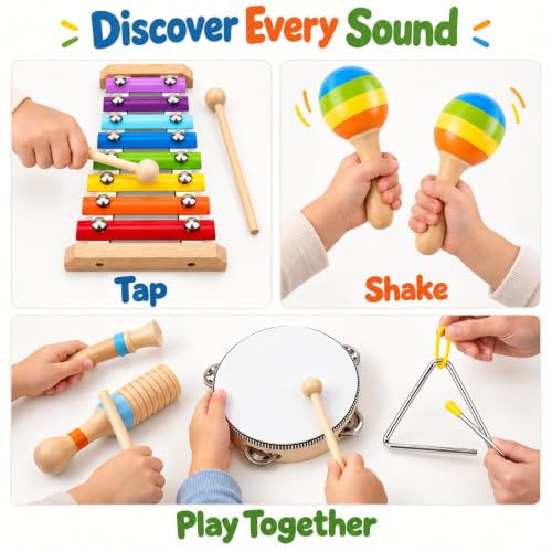 Montessori Wooden Musical Instruments Toys for Kids,Educational Drum Set for Kids with Xylophone & Maracas and More,Preschool Music Toys for Boys and Girls,Christmas Birthday Gift