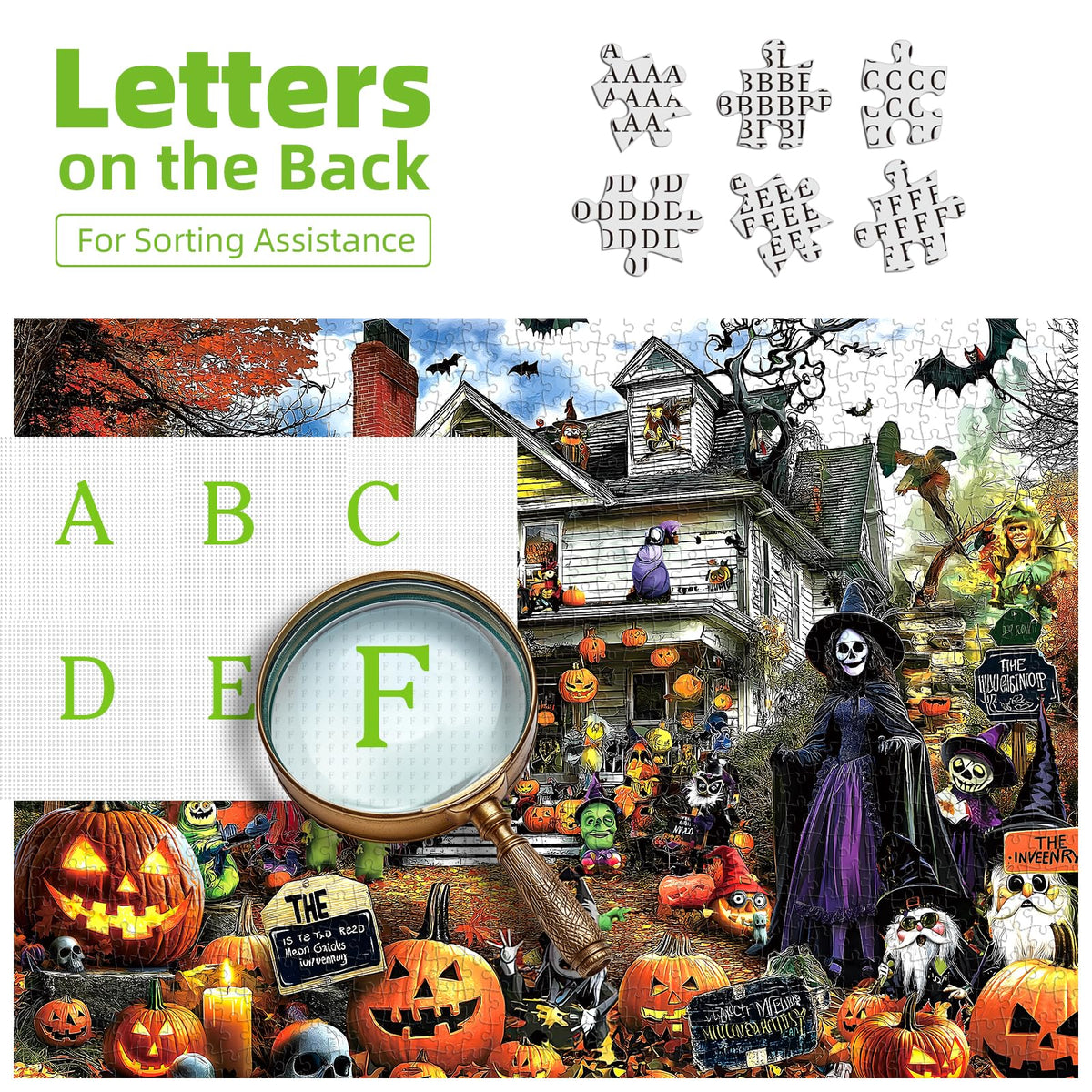 MINIWAN Halloween 1000 Piece Jigsaw Puzzle for Adults, 27.5" x 19.7" | Spooky Haunted House with Pumpkins & Witches, Challenging Fall Decor Puzzle, Unique Gift Idea for Halloween Enthusiasts