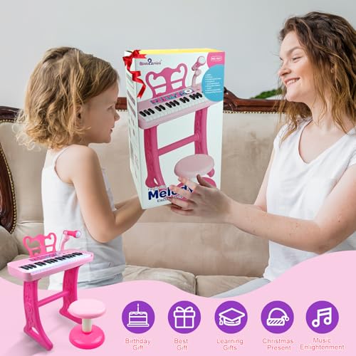 Love&Mini Kids Piano Keyboard Toys for Girls | 37-Key Kids Piano Keyboard with Stool, Stand & Microphone, Pink Piano Toys for Girls Ages 3+
