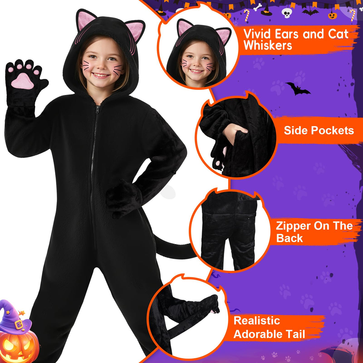 Halloween Cat Costume for Girls - Animal Costume Dress Up Gifts for Kids | Black Cat Halloween Costumes for Kids Age 3-10, Cheetah Costume Onesie, 3D Hood, Gifts for Birthday Party Cosplay, Role Play