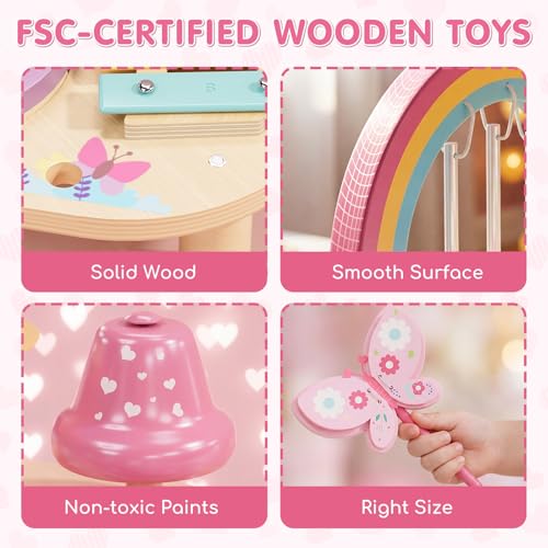 Lehoo Castle Toddler Drum Set Wooden, Unicorn Montessori Toys for Girls | Baby Drum Set Music Toys with Xylophone, 7 in 1 Toddler Musical Instruments, Educational Birthday Gift for 12-18 Months Girl