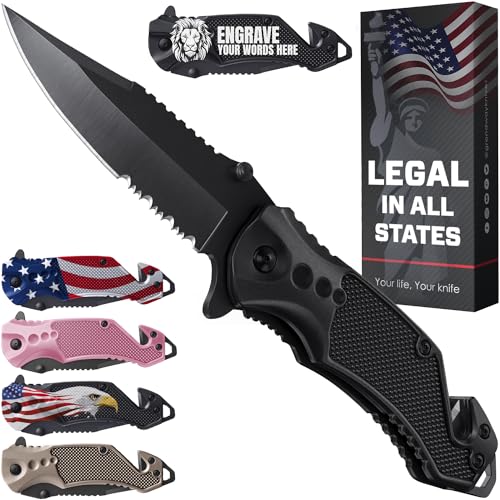 GOOD WORKER Legal Pocket Knife with 2.95” Serrated Blade, Glass Breaker, Seat Belt Cutter - EDC Sharp Folding Knives with Portable Clip - Small Tool for Tactical Camping Survival Hiking - Gifts for Men, Women