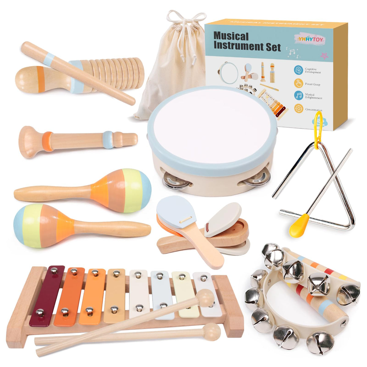 YHHYTOY Montessori Toys Wooden Baby Musical Instruments Set for Toddlers | 18 Month Old Toys Toddler Percussion Instruments, Xylophone Maracas Tambourine Birthday Christmas Gifts for Girls Boys Kids