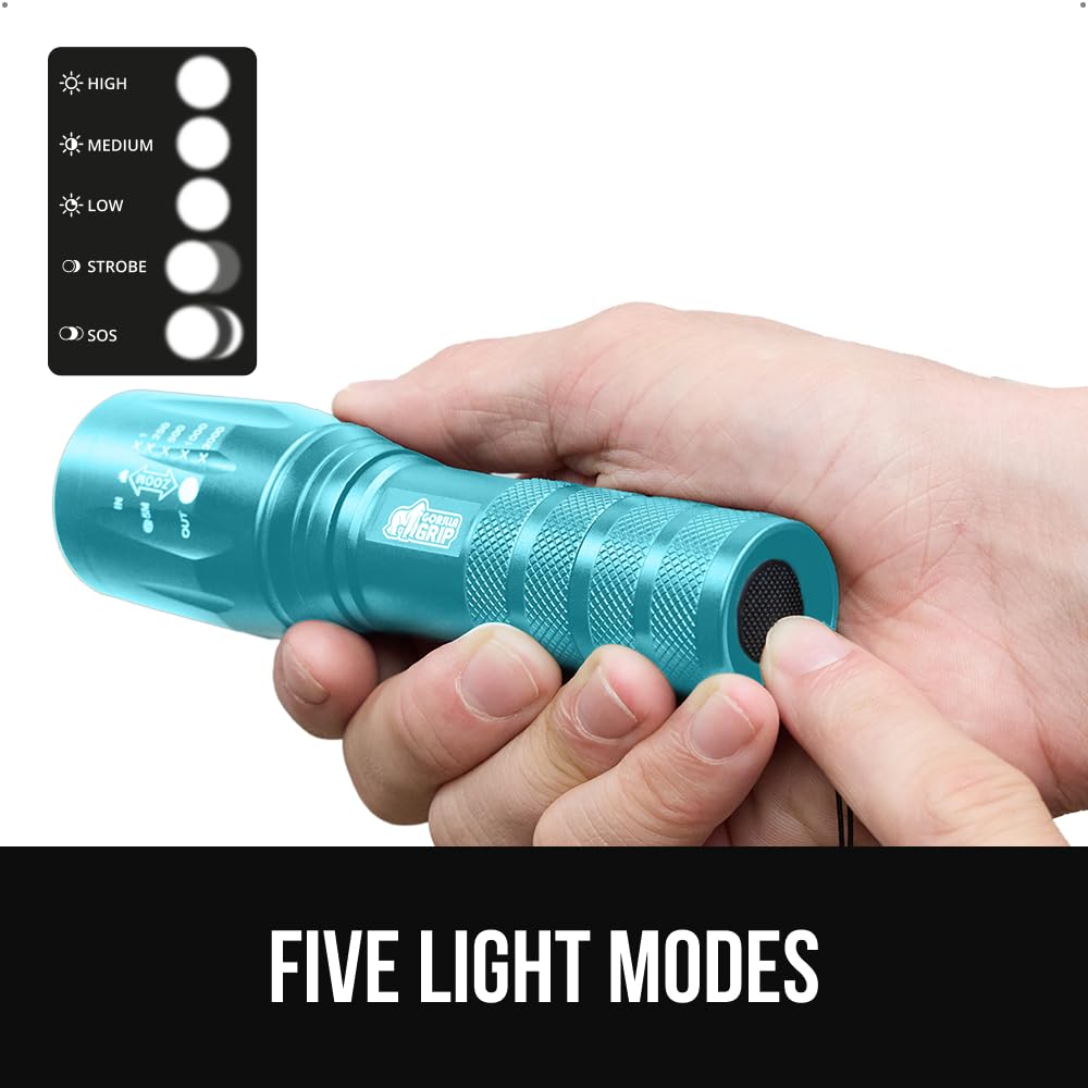 GORILLA GRIP Powerful LED Tactical Flashlight, Turquoise | Water Resistant 750 FT Lumen, 5 Adjustable Modes, Ultra Bright Zoom , Small Mini Flashlights, Camping, Night Dog Walking