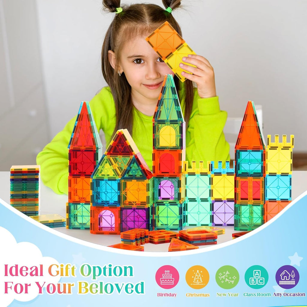OugerToy 104PCS Magnetic Tiles STEM Building Blocks for Kids Ages 3-9 | Educational Stacking Toys with Car Bases, Creative Construction Gift for Boys Girls OugerToy