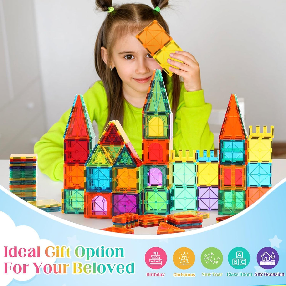 OugerToy 104PCS Magnetic Tiles STEM Building Blocks for Kids Ages 3-9 | Educational Stacking Toys with Car Bases, Creative Construction Gift for Boys Girls OugerToy