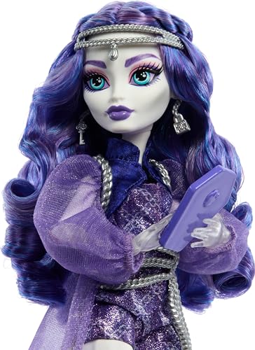 Monster High Spectra Vondergeist Doll | Ghost in Purple Clothes, Includes Pet Ferret Rhuen, 7 Accessories like Backpack, Tablet, Snacks and More