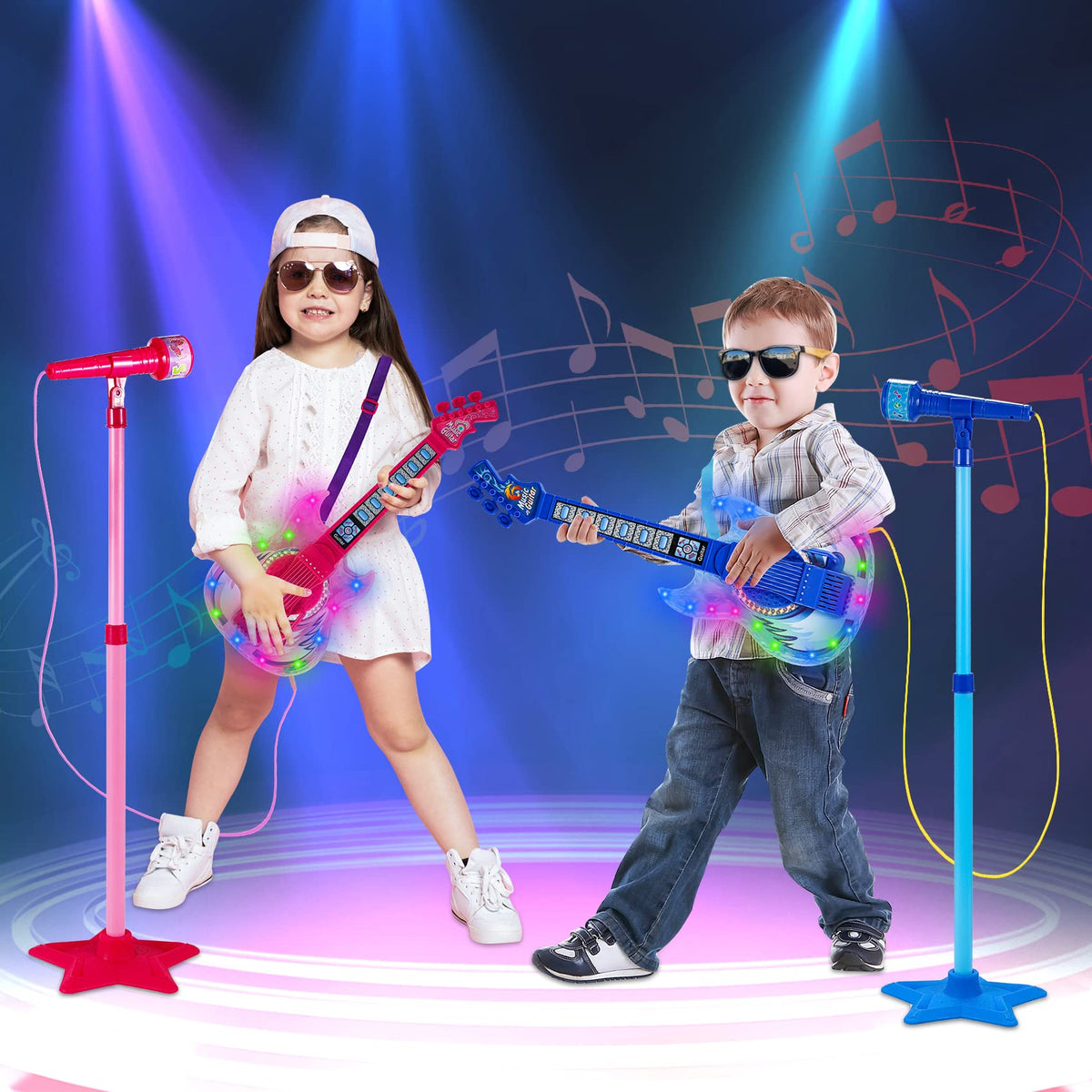 Guitar and Microphone Play Set for Girls,Karaoke Machine with Music&Light,Microphone Toys with Stand,Adjustable Height Guitar Toys for Kids,Toddlers,Child(Red)