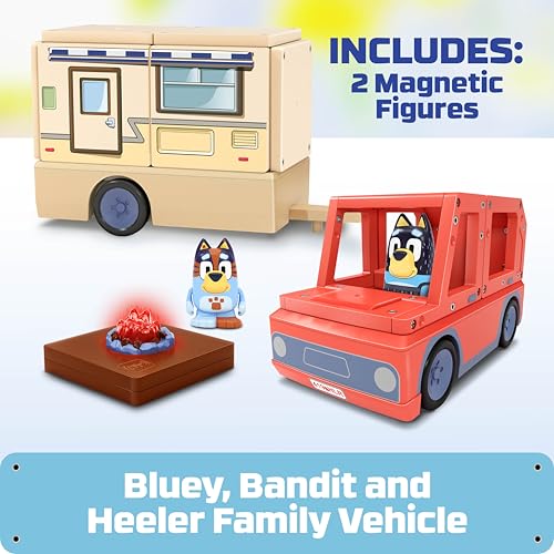 Tile Town Bluey Heeler Camper Magnetic Tile Set, 13 Pieces | Includes Bluey & Bingo figures, action tile; STEM building toy for kids ages 3+