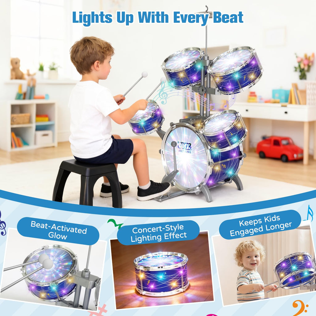 Kids Drum Set for Toddlers 1-3, 5-Piece Light Up Jazz Drum Kit with Stool | Upgraded Jazz Drum Set for Kids, Lights Musical Instrument, Beginner Kit, Birthday Christmas Gift for Boys Girls Ages 3-5 5-7