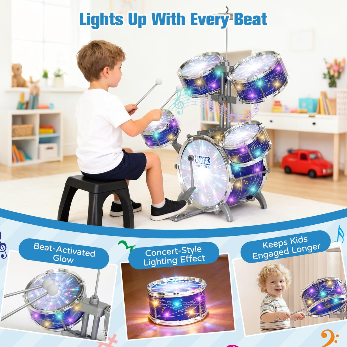 Kids Drum Set for Toddlers 1-3, 5-Piece Light Up Jazz Drum Kit with Stool | Upgraded Jazz Drum Set for Kids, Lights Musical Instrument, Beginner Kit, Birthday Christmas Gift for Boys Girls Ages 3-5 5-7