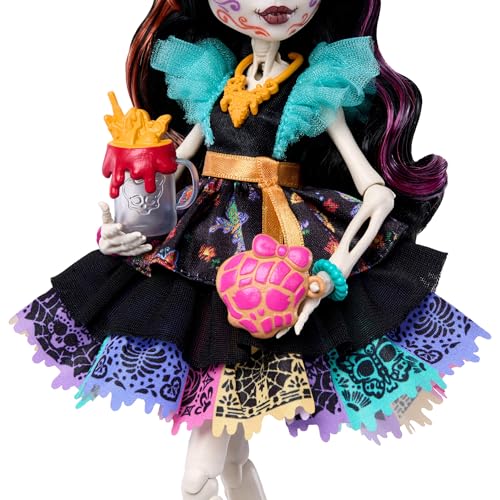 Monster High Skelita Calaveras Doll | Skeleton in Colorful Papel Picado Dress with Pet Dog Candelita & 7 Accessories like Sketch Book, Snack & Messenger Bag