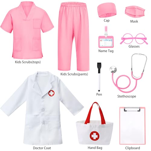 Boutrele 12 PCS Doctor Costume for Kids,Scrubs Nurse Costume for Girls Boys | Kids Doctor Costume,Scrubs with Lab Coat,Career Day Costumes for Kids,Halloween Costume,Educational Pretend Play Doctor Kits