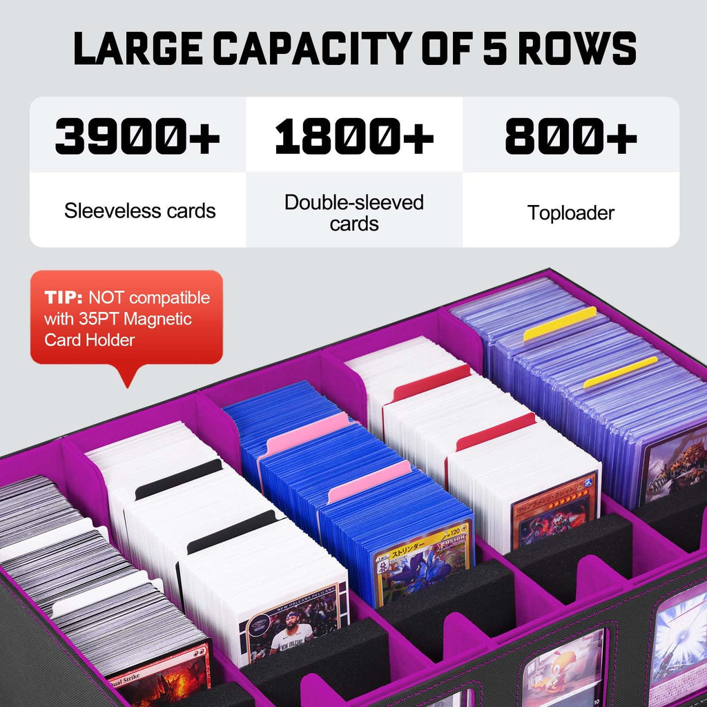 ZLCA Trading Card Storage Box 5-Row with Handle, MTG Storage Box | Holds 3900+ Cards with Commander Display, Top Loaders Organizer Case for TCG PTCG Sport Card(Black&Purple)