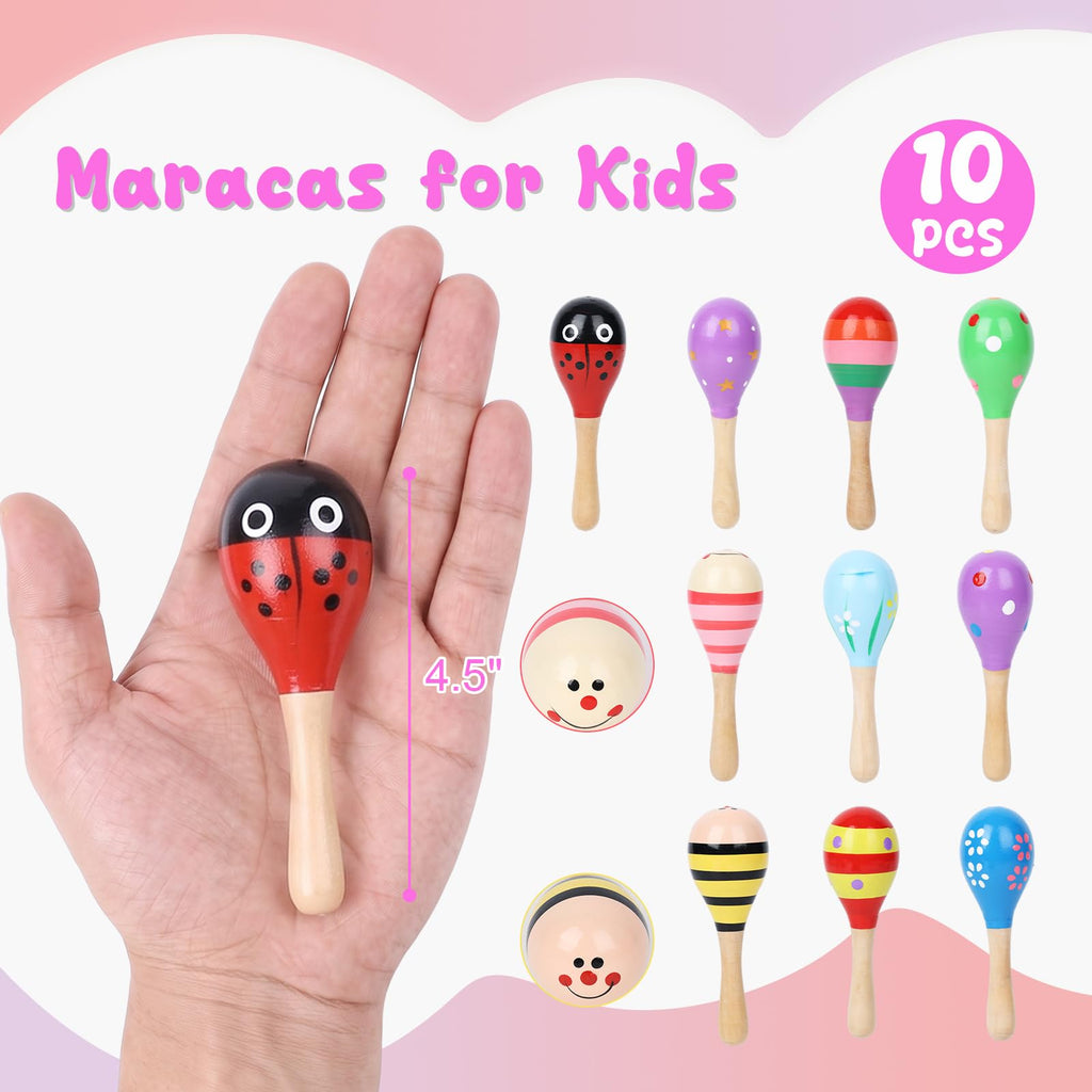 POPLAY 10PCS Mini Wooden Maracas, Maracas for Toddler Musical Instruments Wooden Shakers Baby Musical Toys Infant Learning Toys