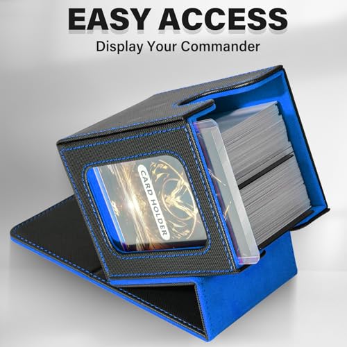 Card Deck Box for MTG Commander, Deck Case Holds 100 Double-Sleeved Cards | Magnetic Card Display Case, Magic Card Storage Box Fits for TCG/PTCG/CCG Card with 2 Dividers & 1 Top Loader,Black&Blue