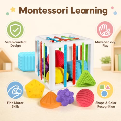 BLCXTOYZ Montessori Toys for 1 Year Old - 6 Pc Shape Sorter Activity Cube | Toddler Learning Toy, Developmental Skills, 12 Months & Up, 1st Birthday Gift for Toddlers 1-3