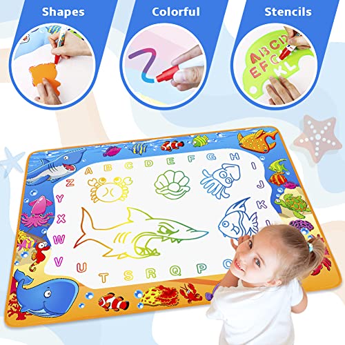 Water Doodle Mat - Kids Color Painting Toy, Gift Set for Toddlers 2-7 | Great Educational Water Doodle Mat - Toddler Painting Toy Gift with Fun Stencils, Magic Pens & Drawing Templates for Kids