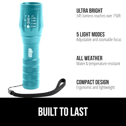 GORILLA GRIP Powerful LED Tactical Flashlight, Turquoise | Water Resistant 750 FT Lumen, 5 Adjustable Modes, Ultra Bright Zoom , Small Mini Flashlights, Camping, Night Dog Walking